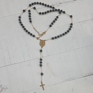 14k Gold Plated Black Rosary-Style Necklace